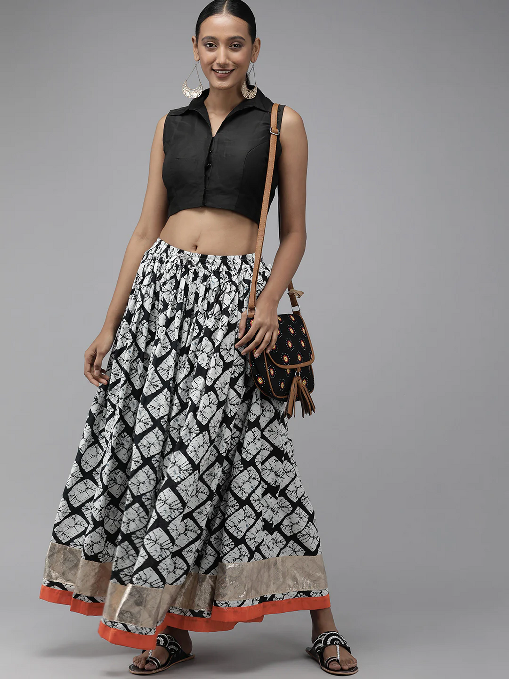 White & Black Hand Block Printed Cotton Skirt With Magzi Border