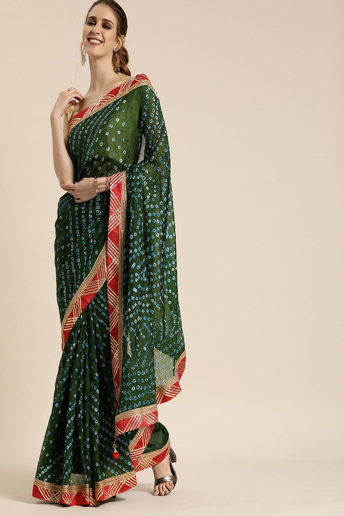 Green Handcrafted Bandhani Art Silk Saree