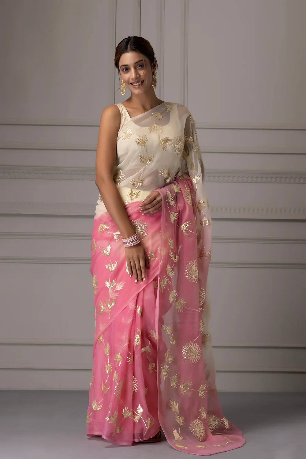 Pink Shaded Handcrafted Gota Patti Chiffon Saree