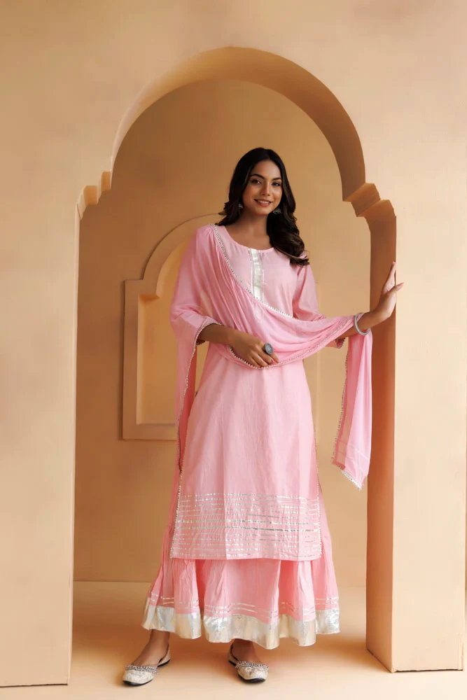 Pastel Pink Handcrafted Straight Cotton Kurta Set With Dupatta