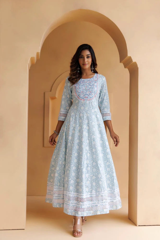 Sky-Blue Cotton Floral Embroidered Long Dress