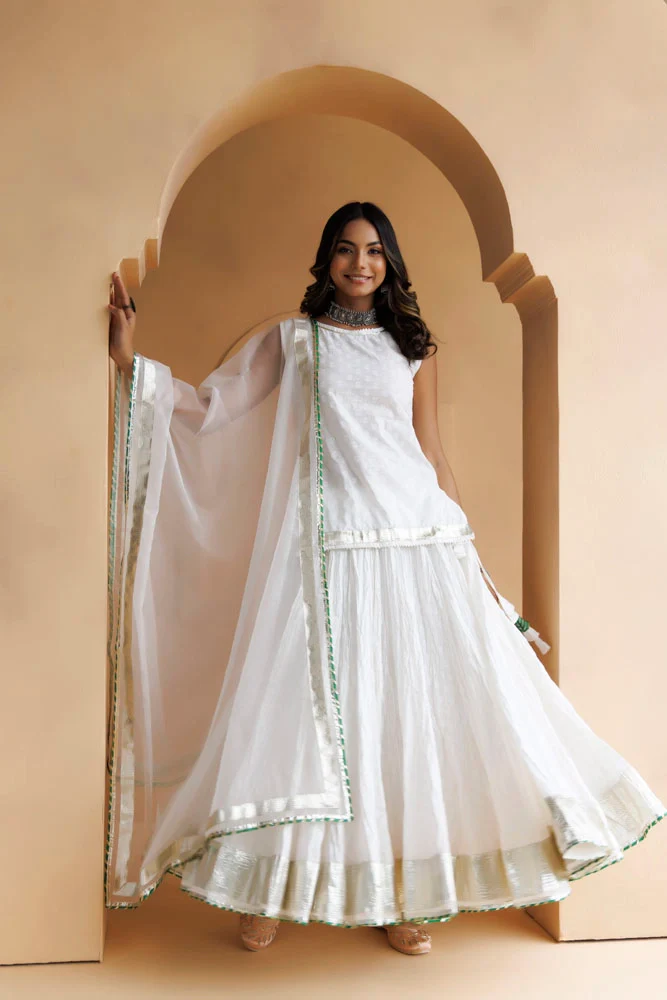 White Cotton Skirt Set With Hand Embroidery & Organza Dupatta
