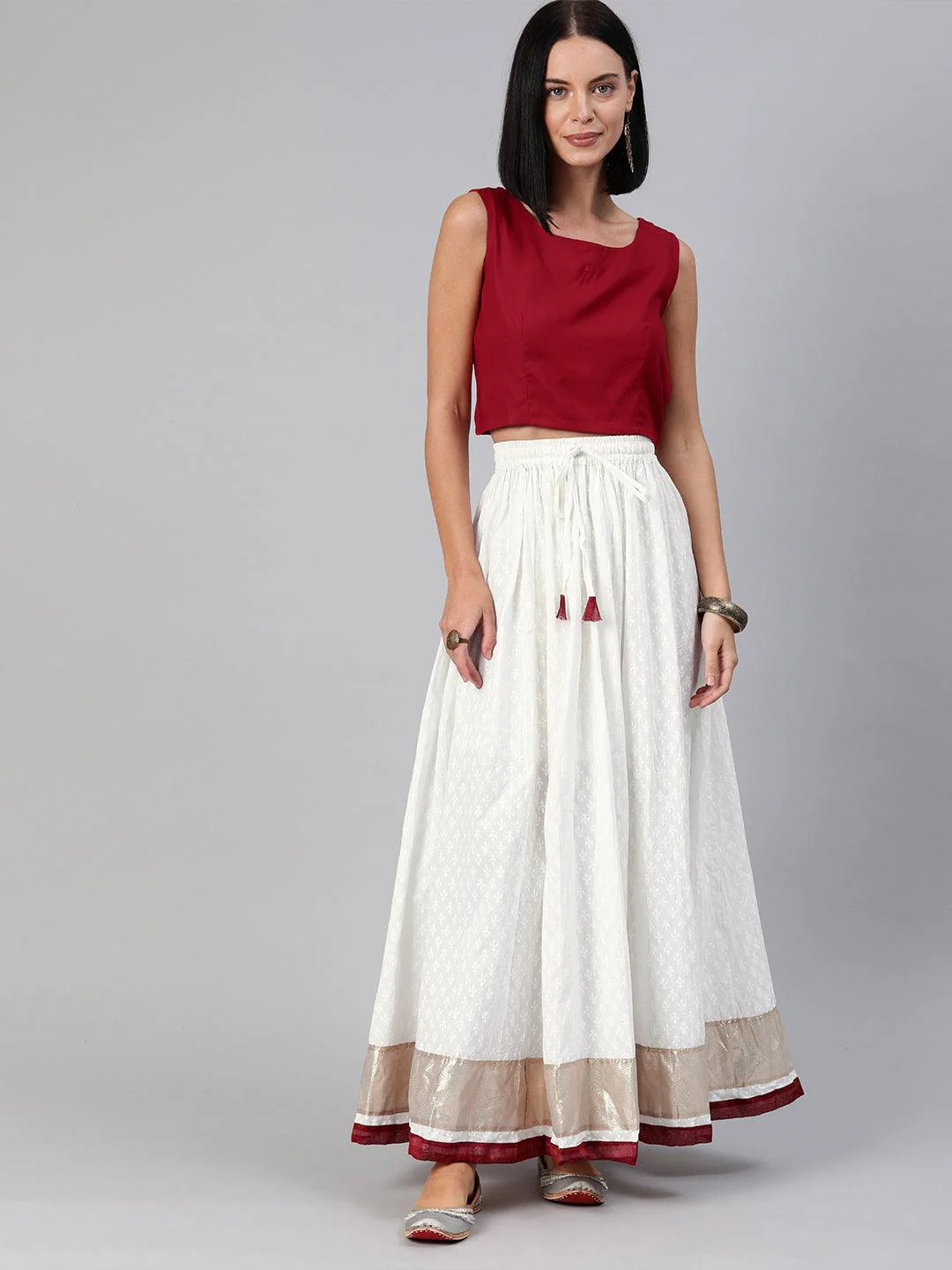 White Handcrafted Cotton Skirt With Crop Top