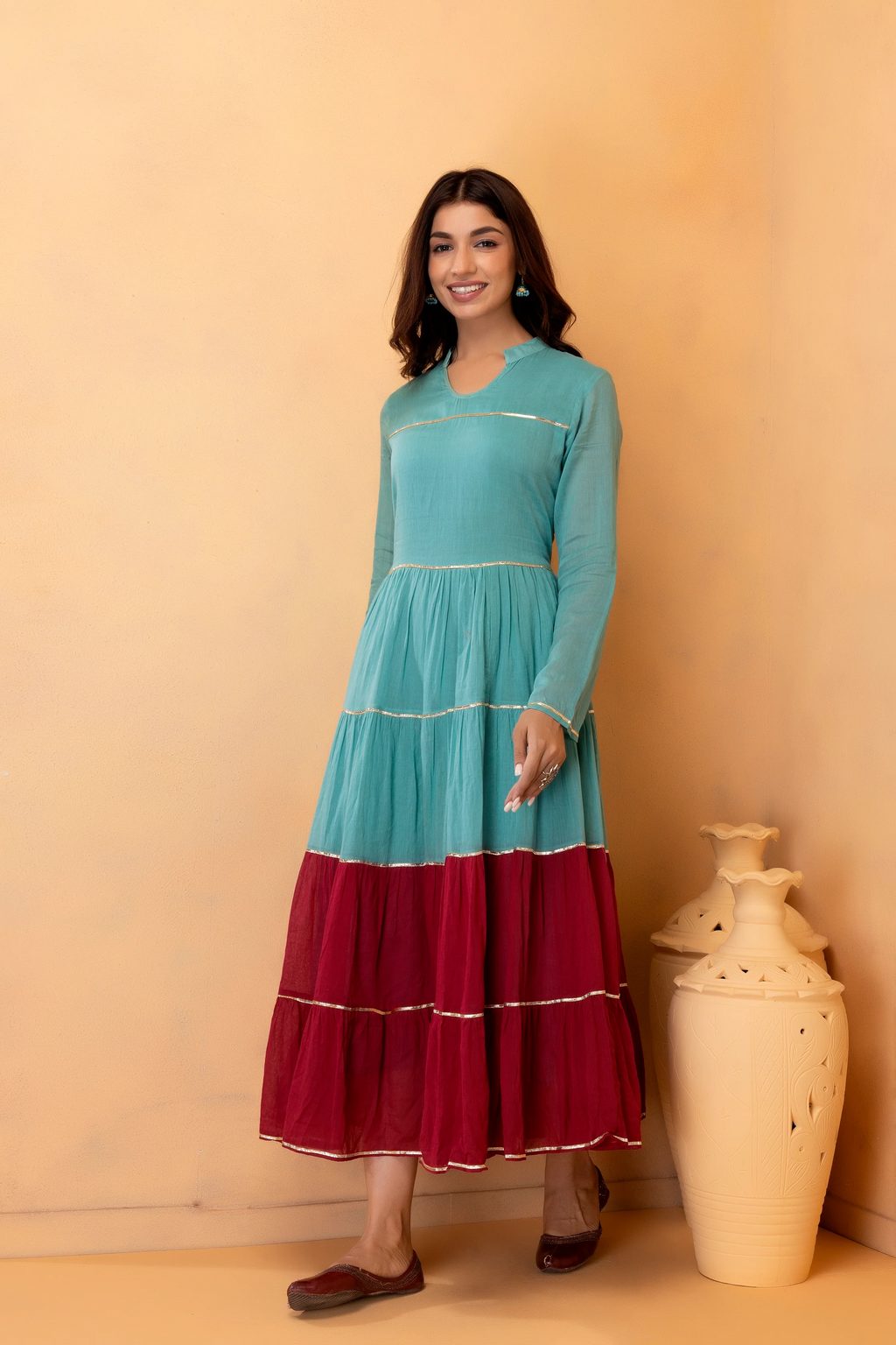 Green And Maroon Hand-Dyed Cotton Maxi Dress