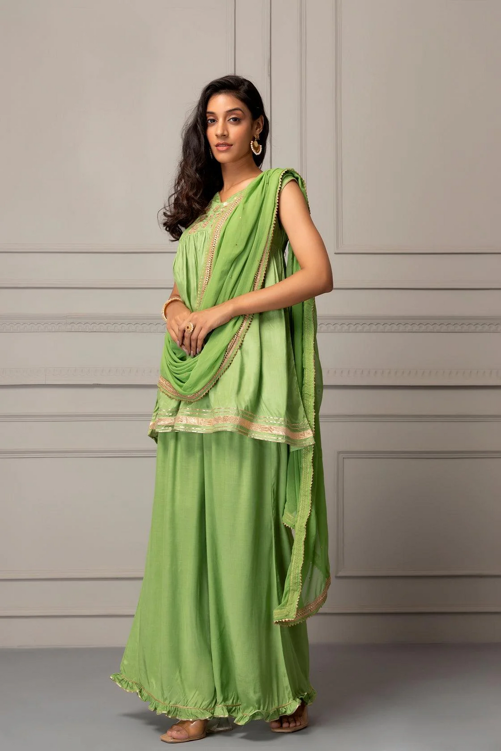Green Shantoon Handcrafted Gota Patti Fusion Kurta Set