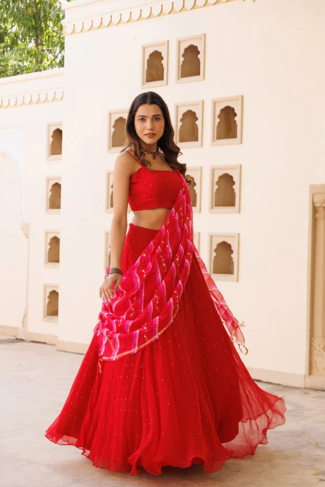 Red Contemporary Lehenga With Mukaish Shimmer And Hand-Dyed Leheriya Kota Silk Dupatta