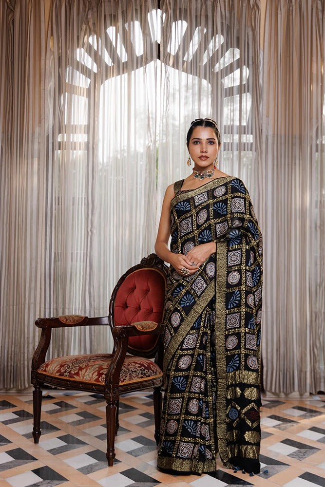Black Ajrakh Saree With Shimmering All-Over Zari Checks
