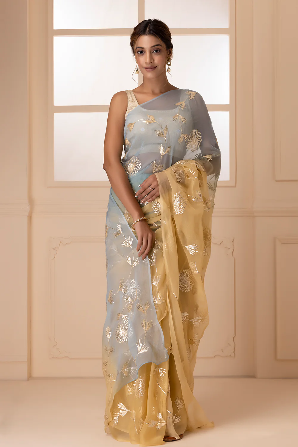 Yellow-Grey Shaded Handcrafted Gota Patti Chiffon Saree