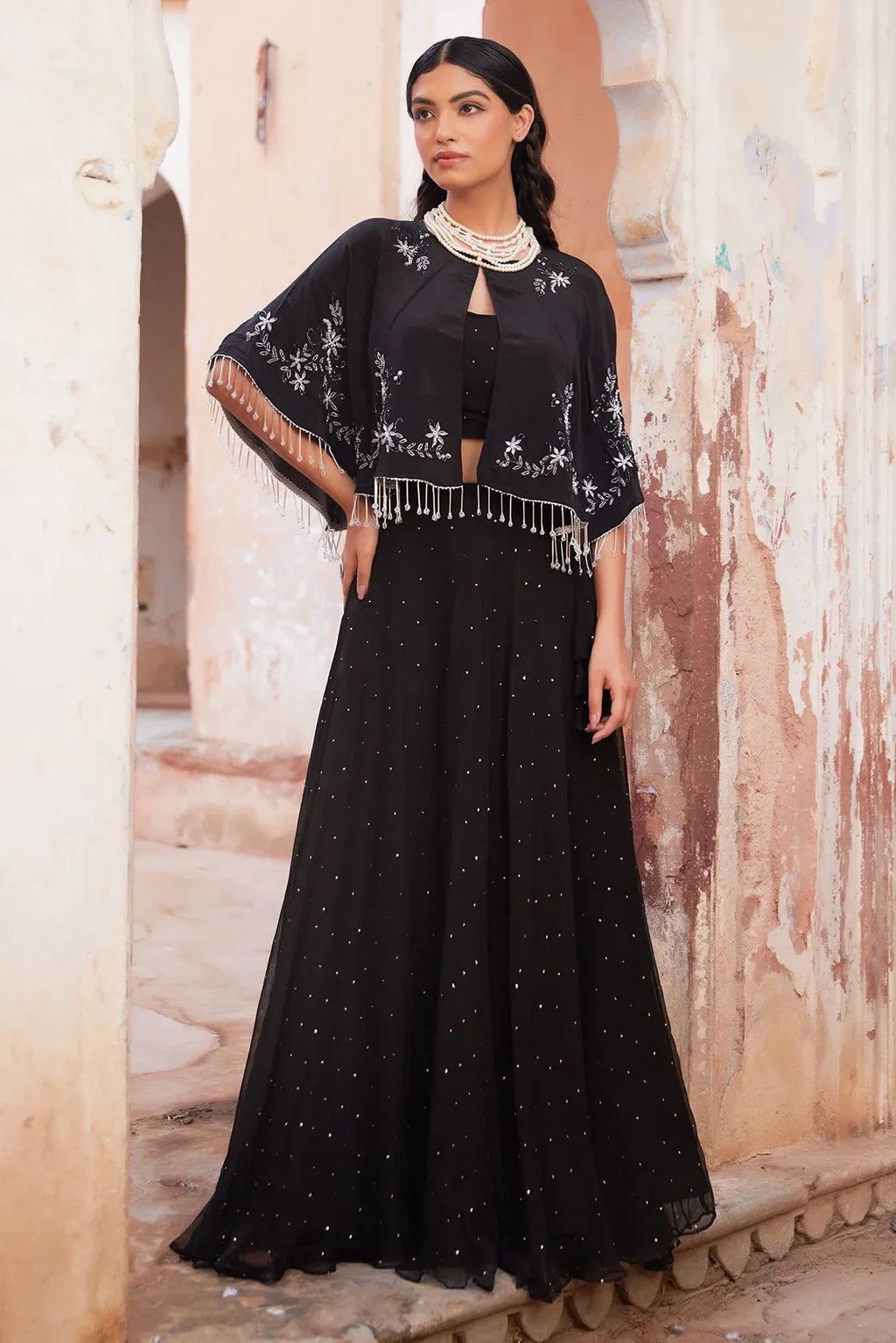 Black Chiffon Mukaish Lehenga With Black Hand Embroidered Cape