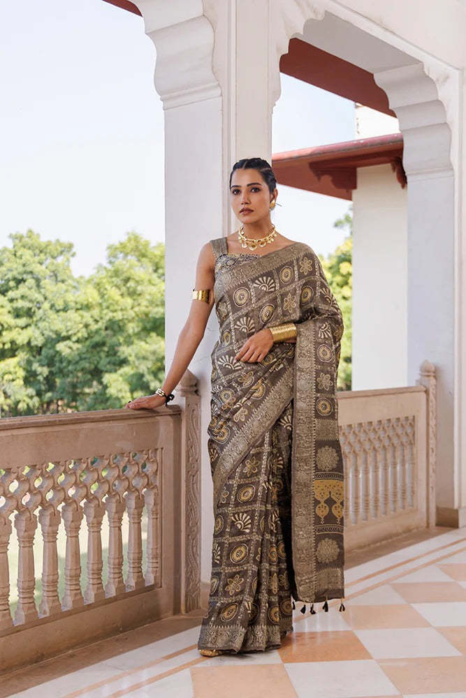 Ajrakh Mink Grey Handcrafted Saree With Elaborate Zari Checks
