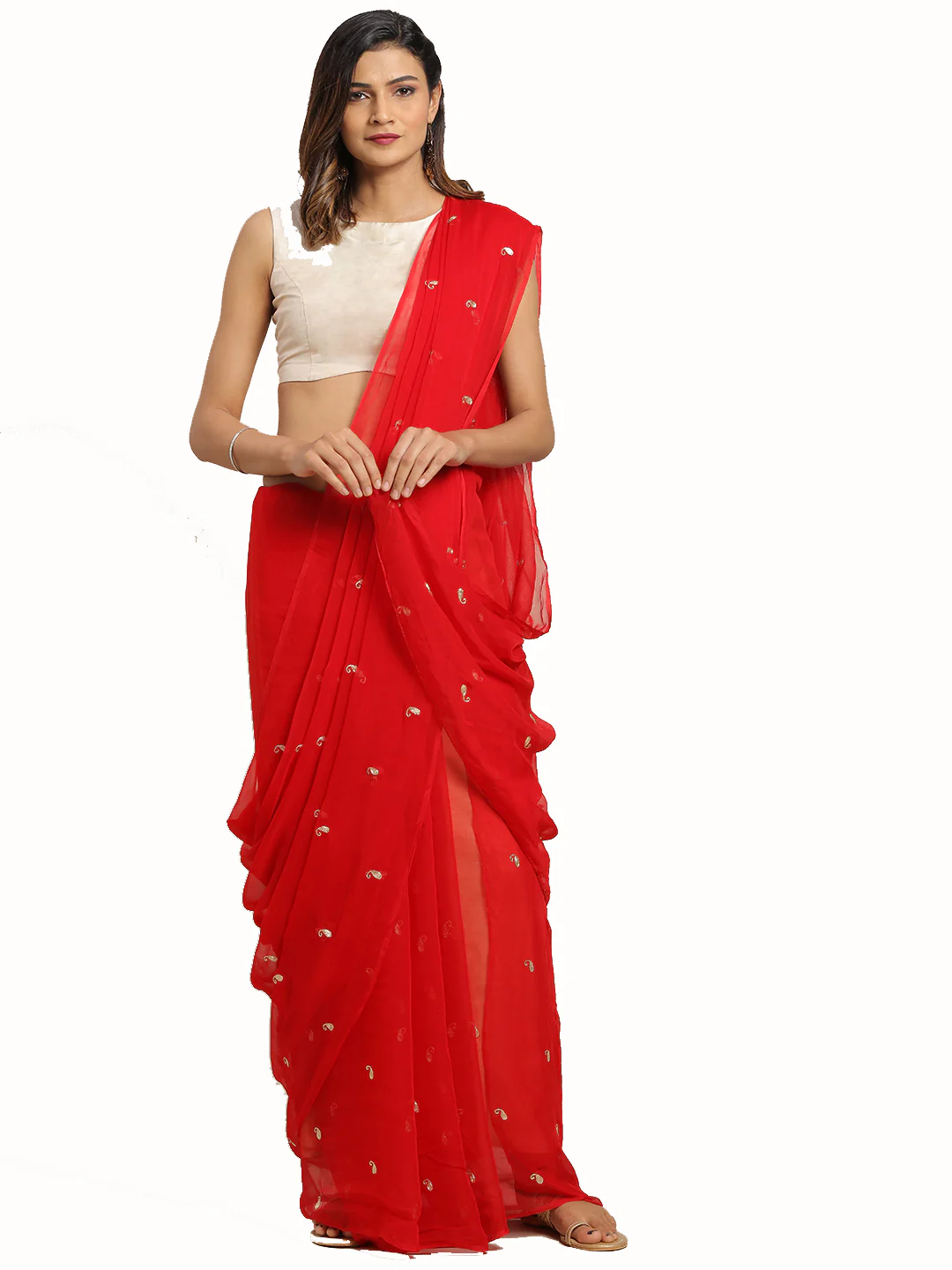 Red Hand Embroidered Chiffon Saree