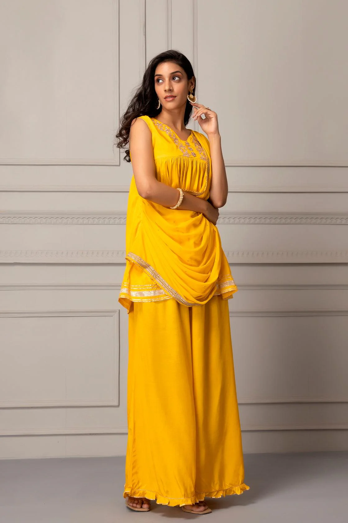 Yellow Shantoon Handcrafted Gota Patti Fusion Kurta Set