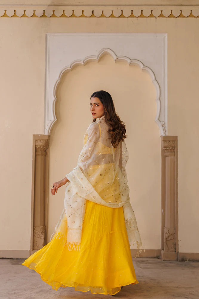 Yellow Chiffon Lehenga With Mukaish Work And Kota Silk Dupatta