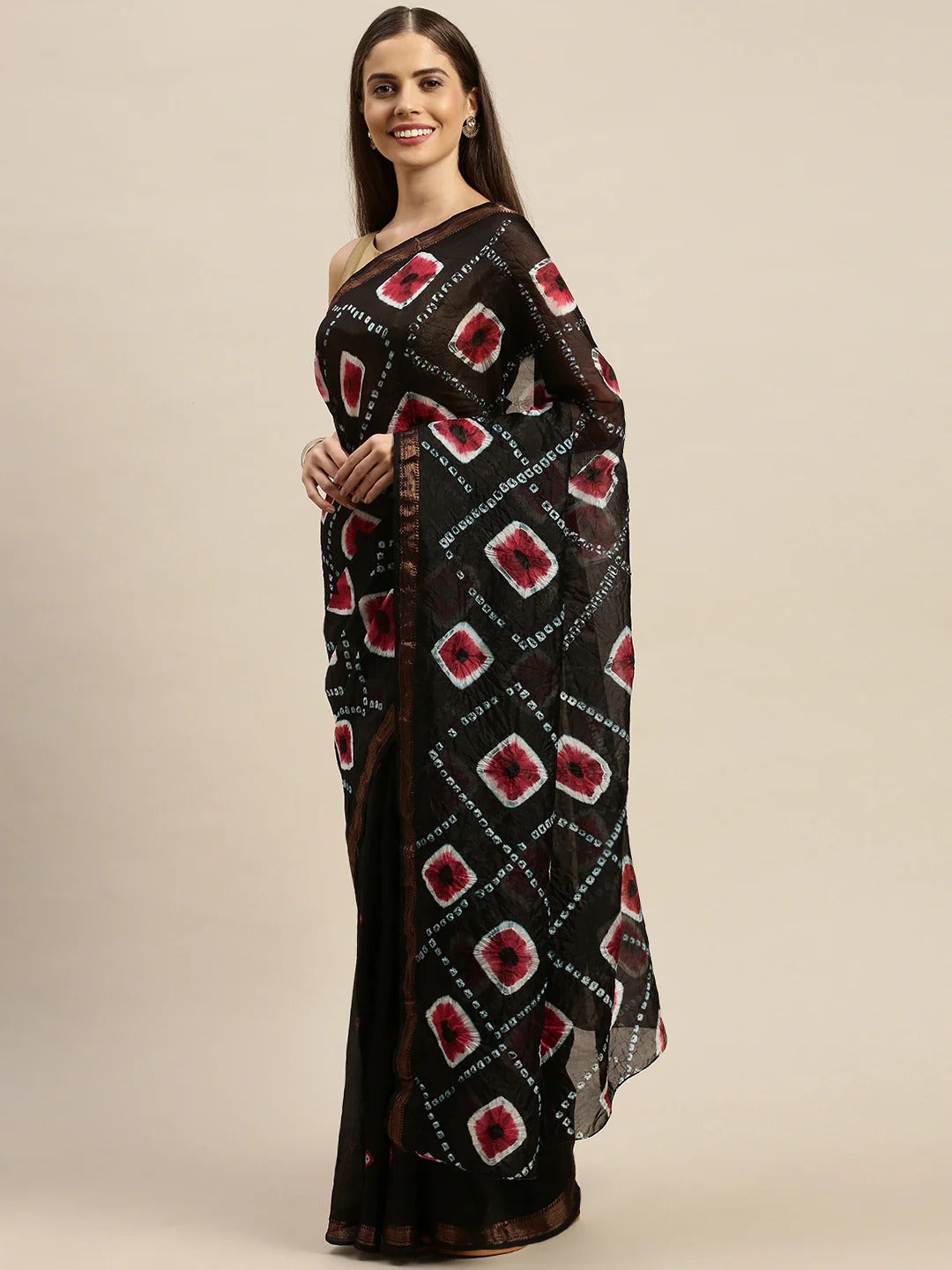 Black & Red Bandhani Zari Art Silk Bandhani Saree