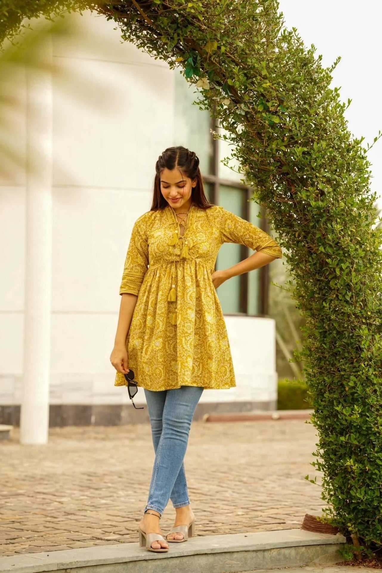 Mustard Floral Print Designer Cotton Top for Women