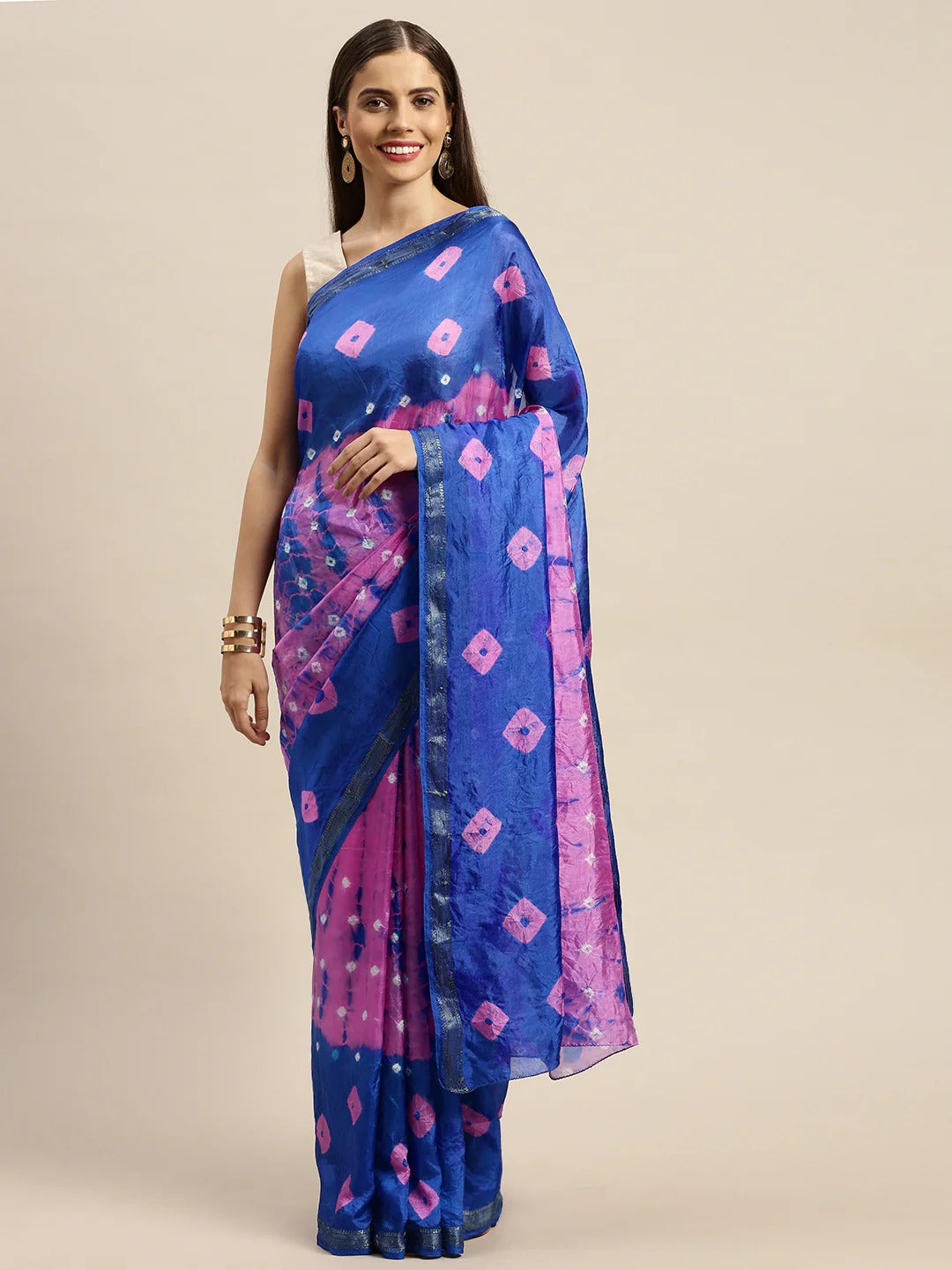 Bandhani Print Woven Zari Border Saree With Unstitched Blouse Piece
