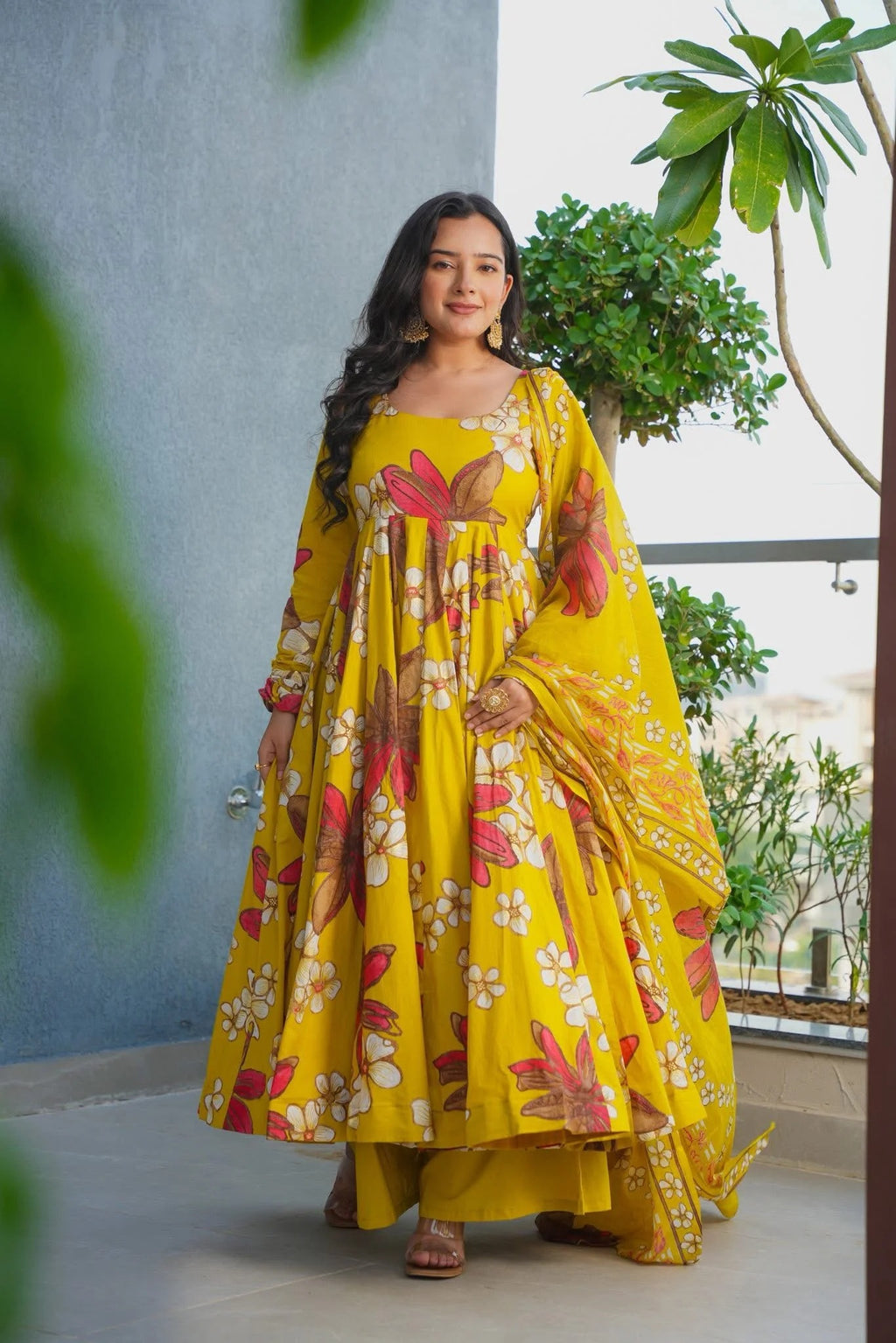 Pale Gold Cotton Anarkali Suit Set with Dupatta