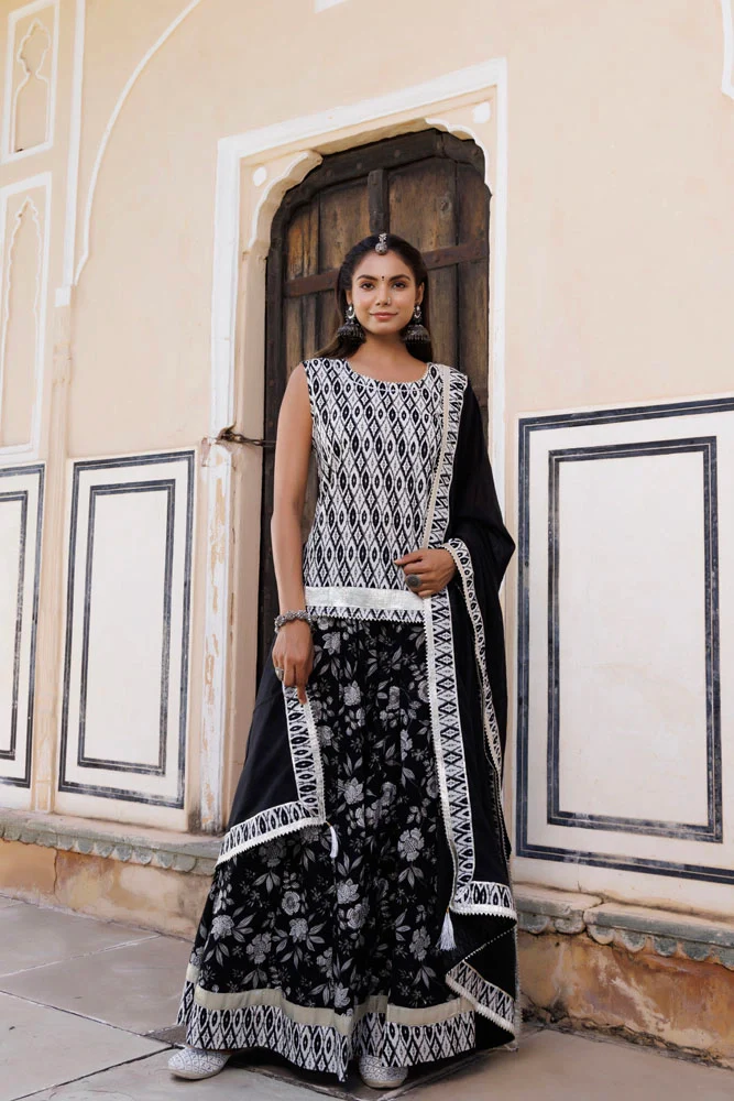Handcrafted Black-White Block Printed Cotton Skirt Set