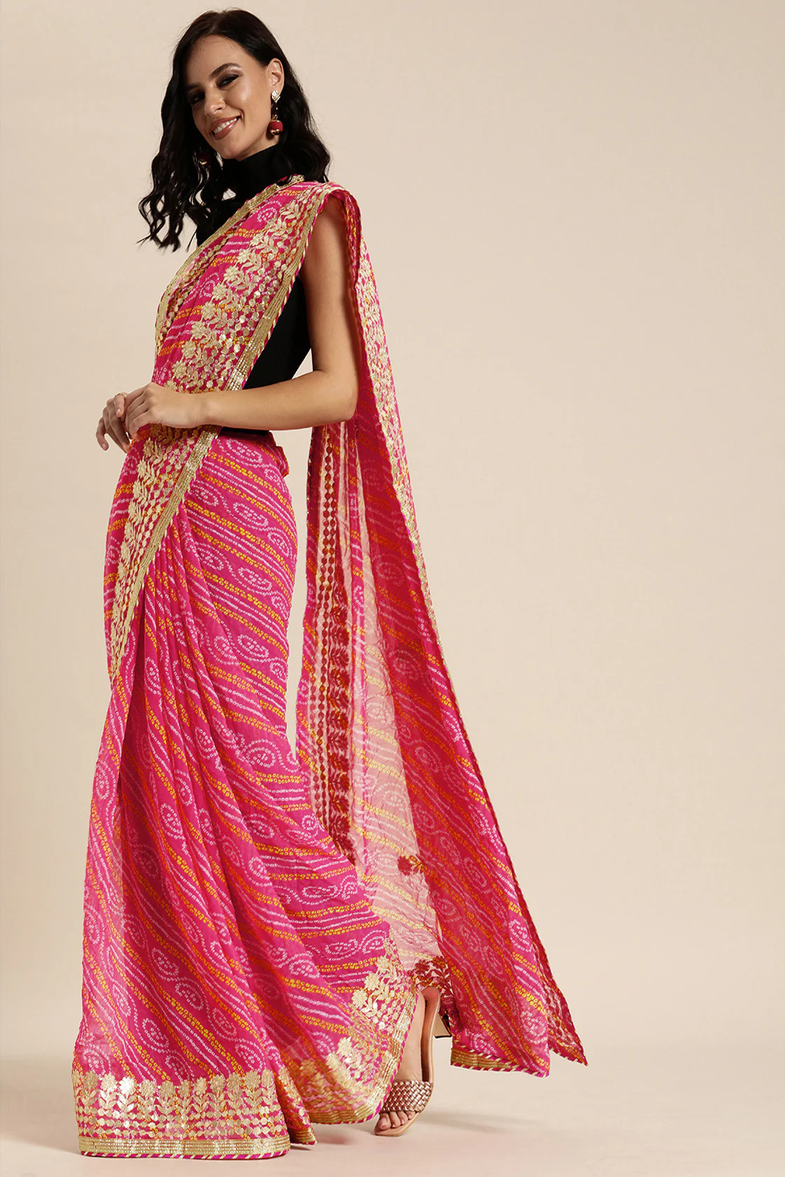 Pink Handcrafted Gota Patti & Bandhani Georgette Saree