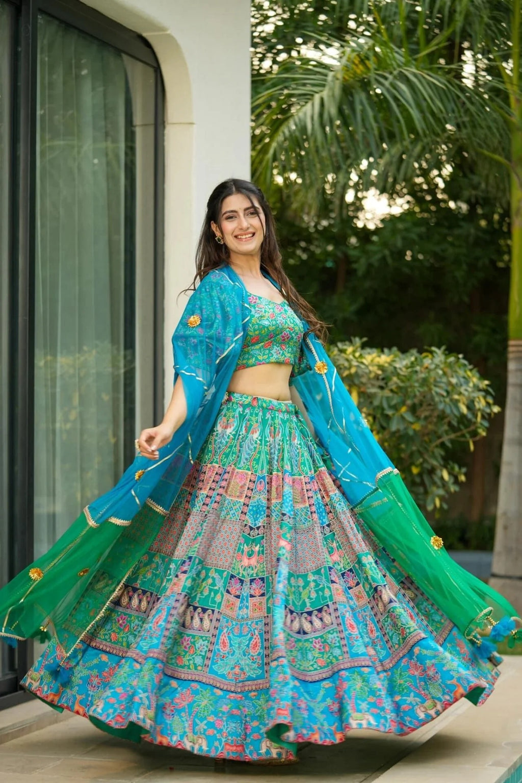 Turquoise silk lehenga set