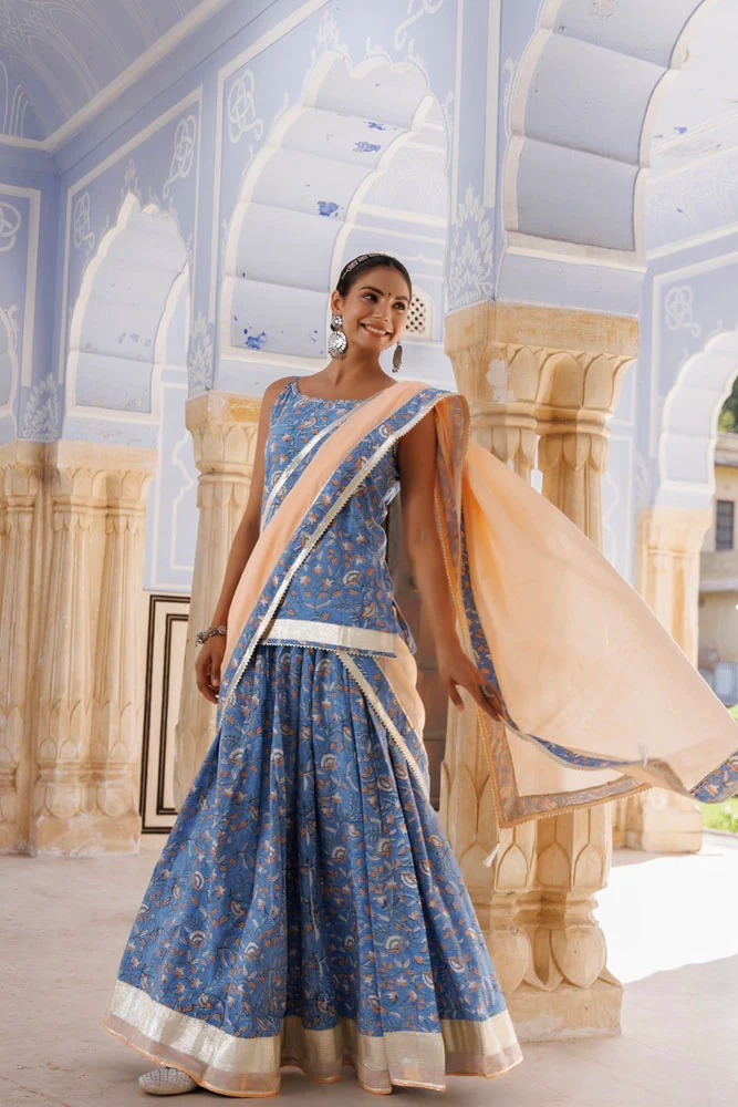 Handcrafted Light Blue-Peach Block Printed Cotton Skirt Set