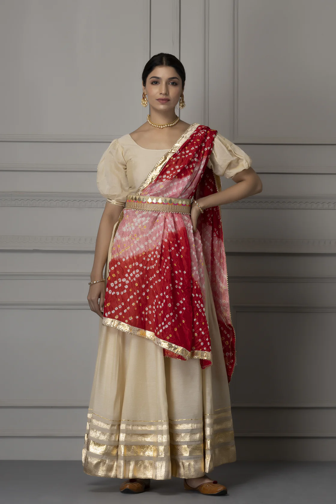 Off White Handcrafted Chanderi Lehenga Set With Gota Work And Intricate Detailing