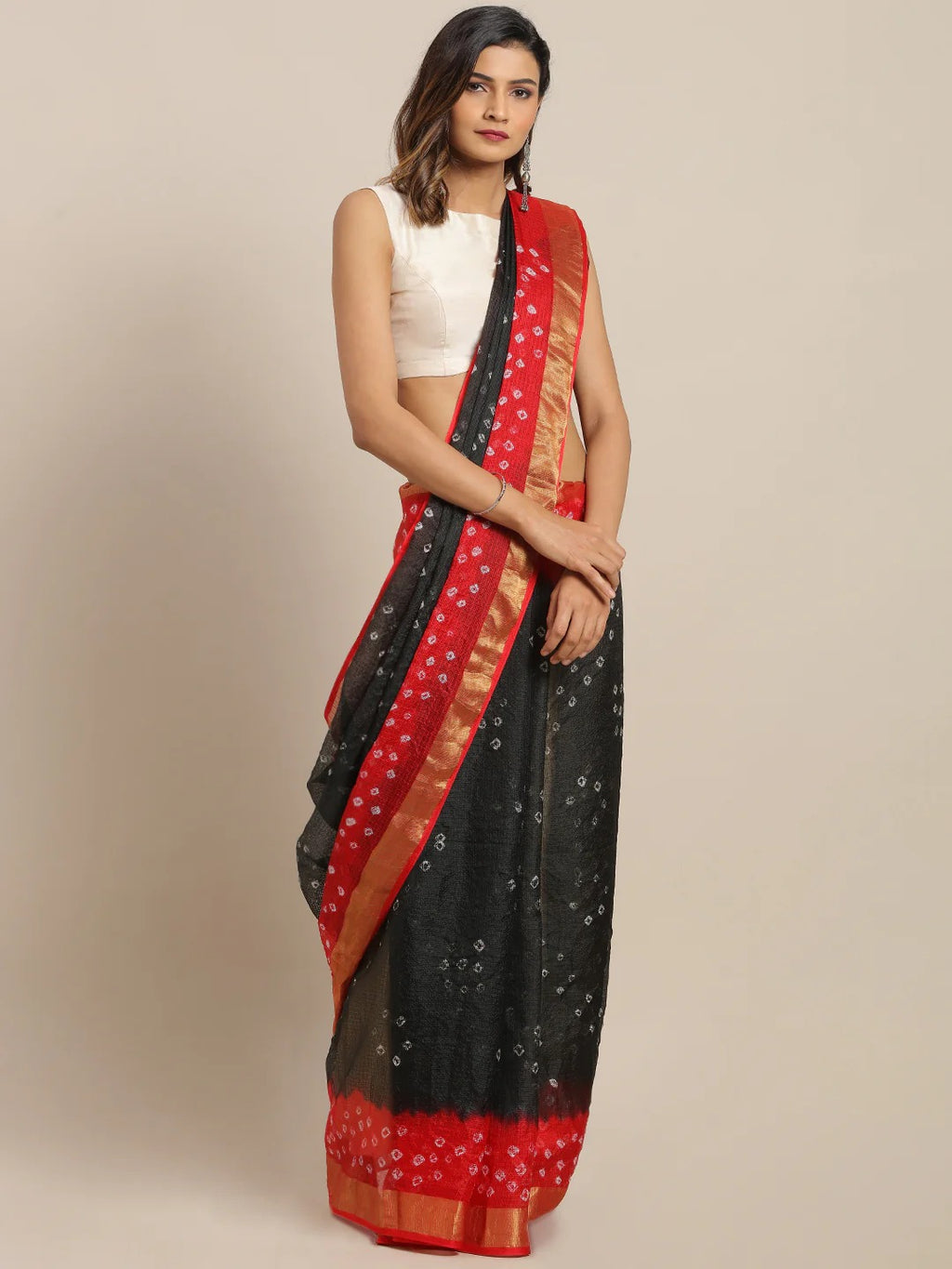 Black & Red Bandhani Zari Silk Cotton Bandhani Saree