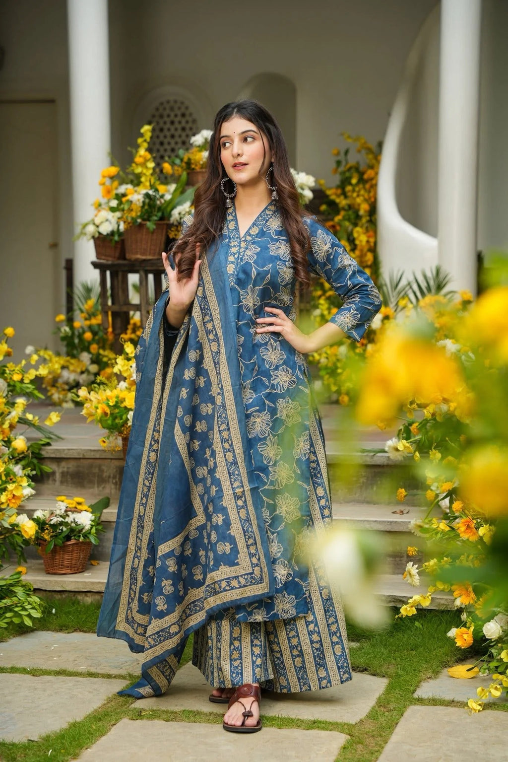 Anhaita Blue Printed Cotton Kurta Set