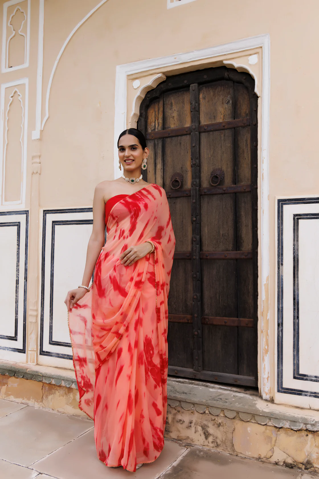 Peach-Red Hand Dyed Shibori Bandhani Chiffon Saree