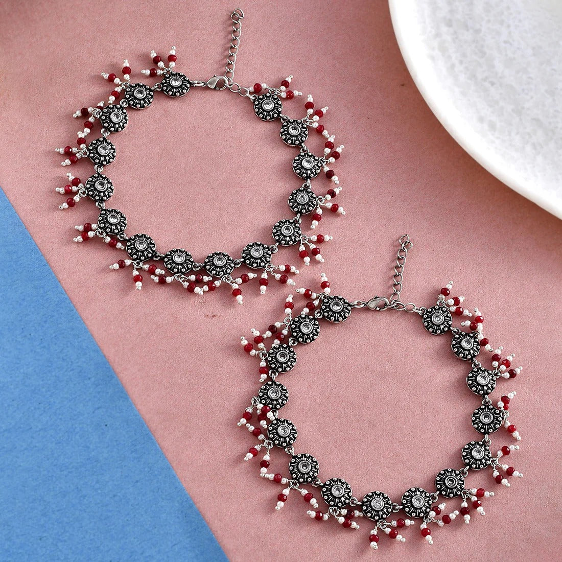 Abharan Casual Round Cut White Stones Anklets