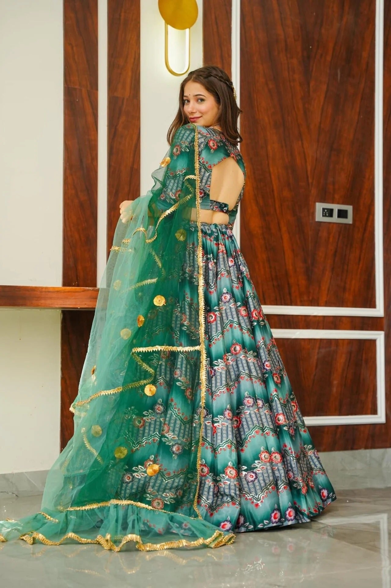 Green silk embroidered lehenga choli set
