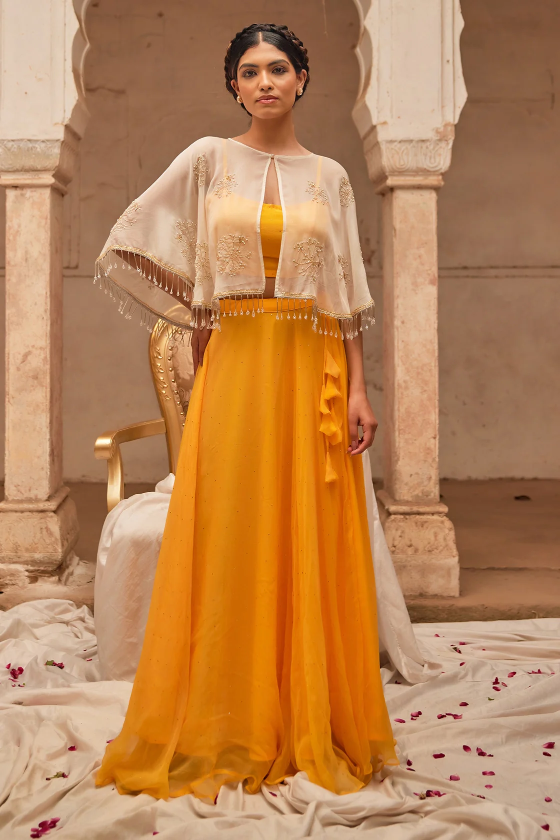 Yellow Chiffon Mukaish Lehenga With White Hand Embroidered Cape