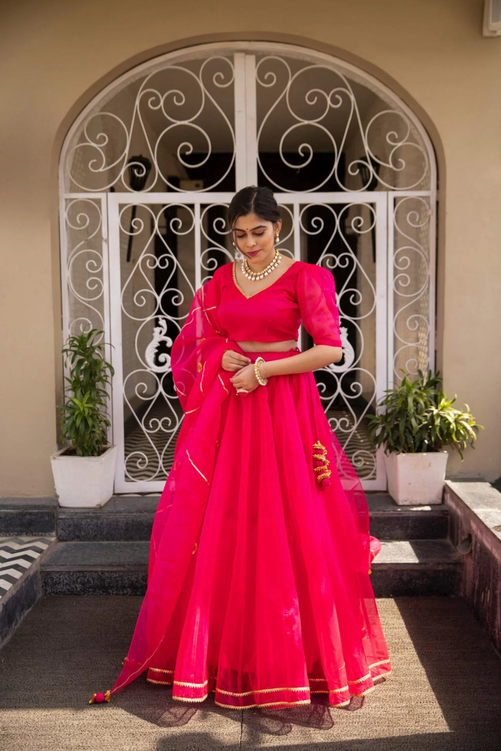 Pink organza puff sleeves lehenga