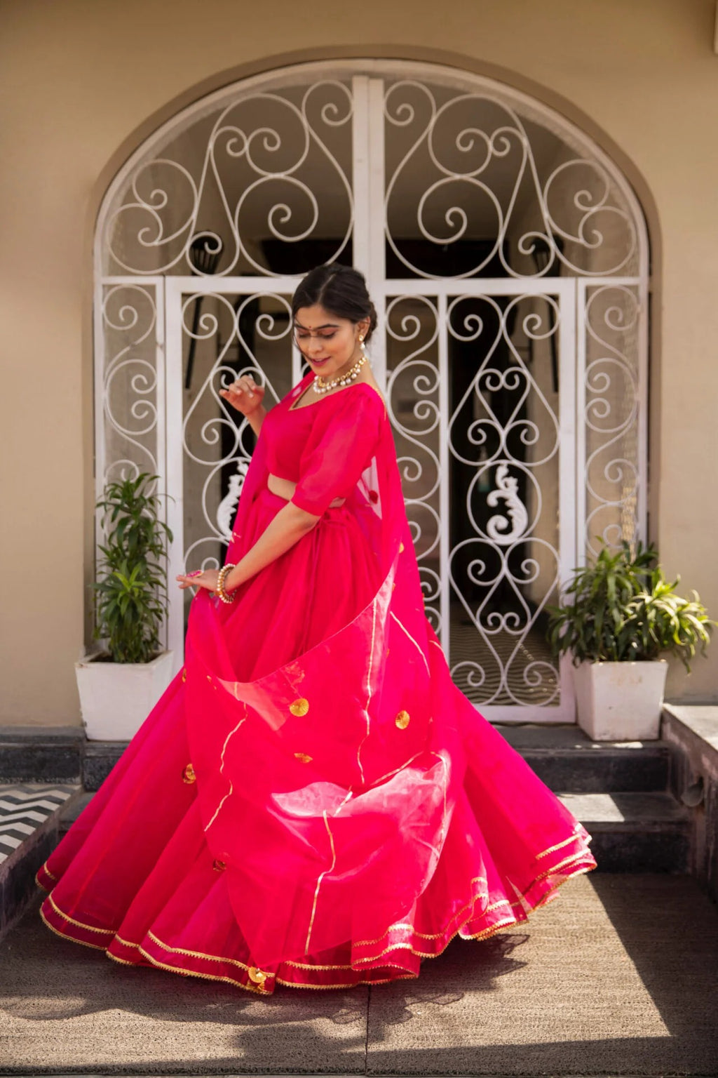 Pink organza puff sleeves lehenga