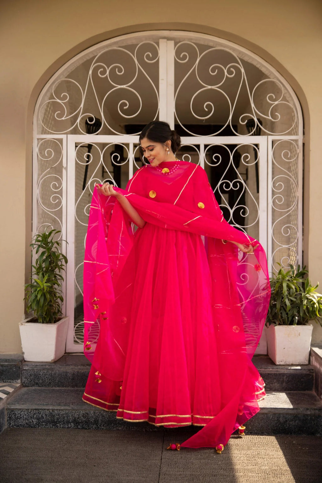 Pink organza puff sleeves lehenga