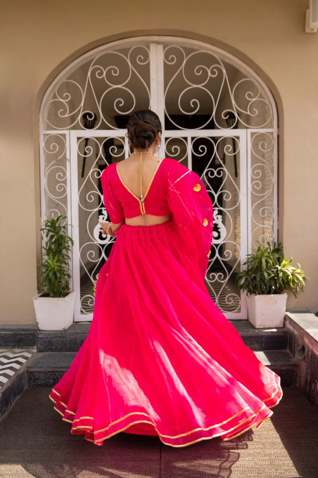 Pink organza puff sleeves lehenga