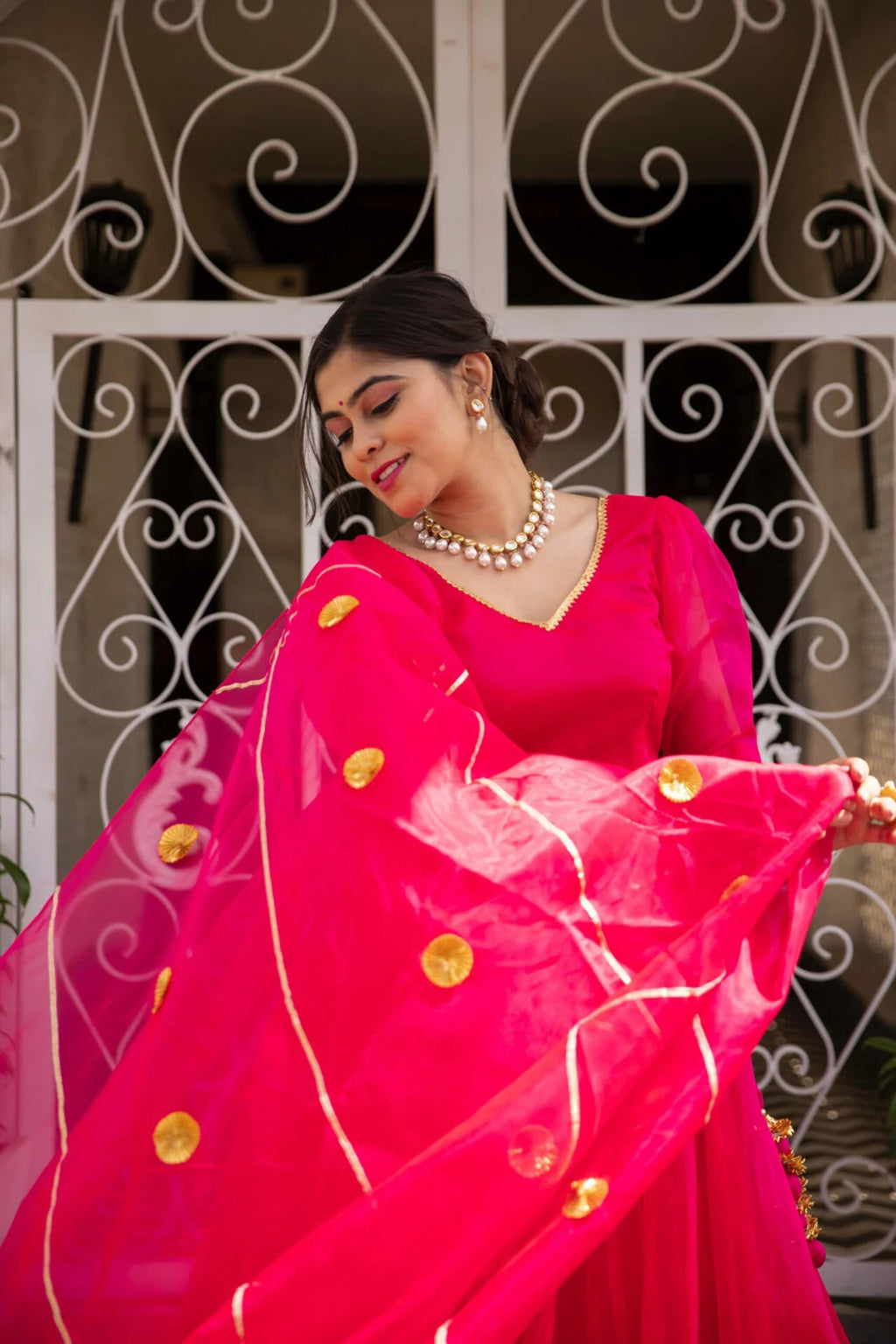 Pink organza puff sleeves lehenga