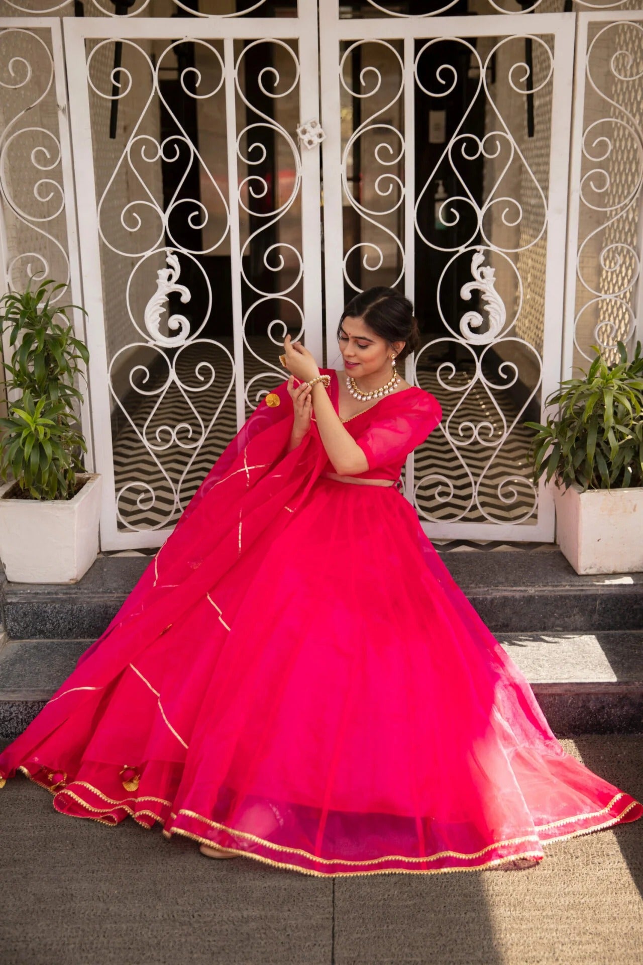 Pink organza puff sleeves lehenga
