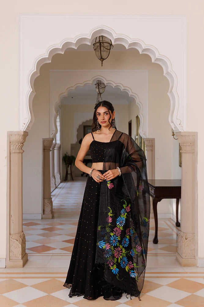 Black Chiffon Lehenga With Mukaish Work & Hand Painted Organza Dupatta