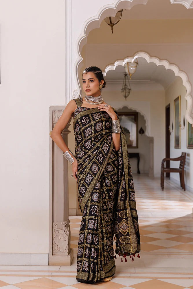 Artisanal Black Ajrakh Saree With Zari Check Embellishments