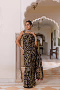 Artisanal Black Ajrakh Saree With Zari Check Embellishments