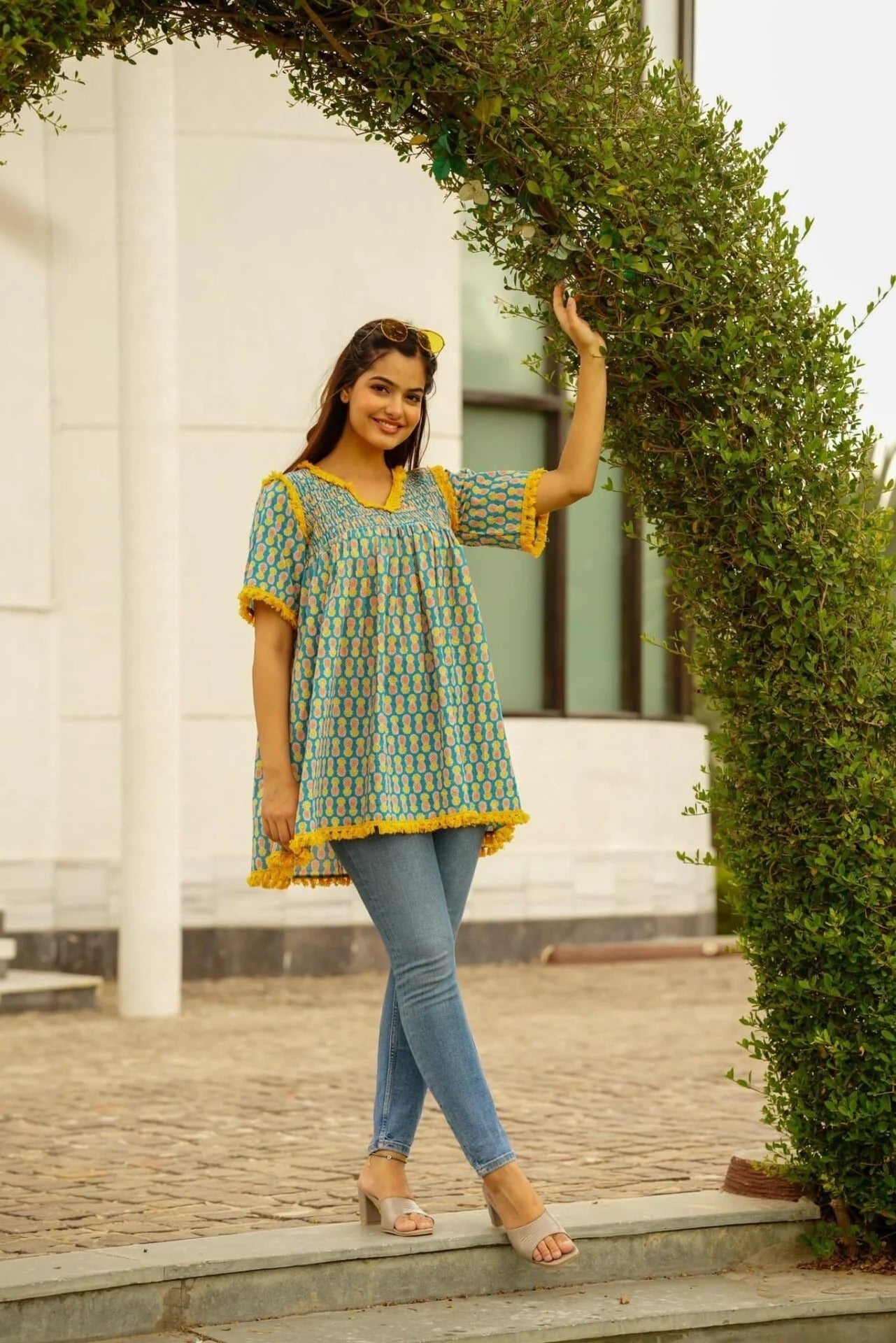 Turquoise Embroidered Printed Lisa Cotton Kurta Top