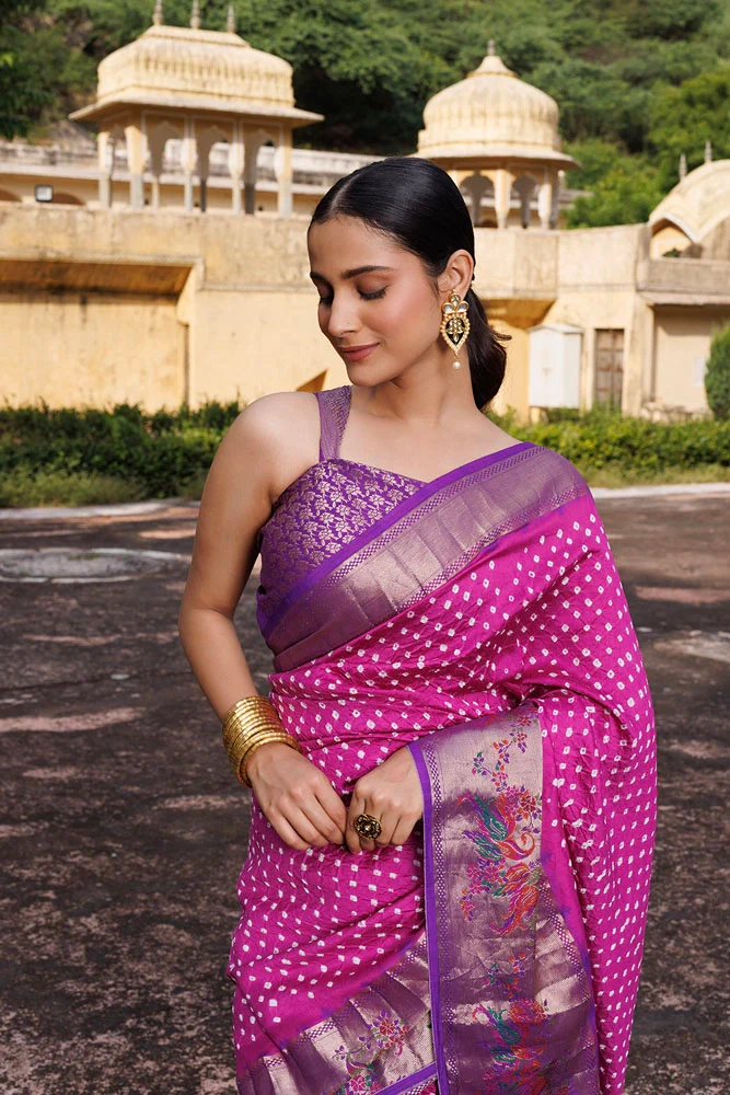 Pink & Purple Zari Woven Bandhani Pure Silk Saree