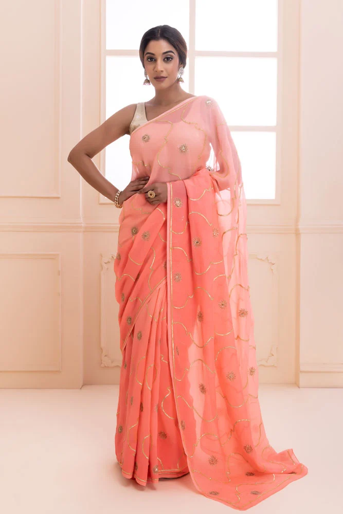 Pink Handcrafted Gota Jaal And Sequins Pure Chiffon Saree