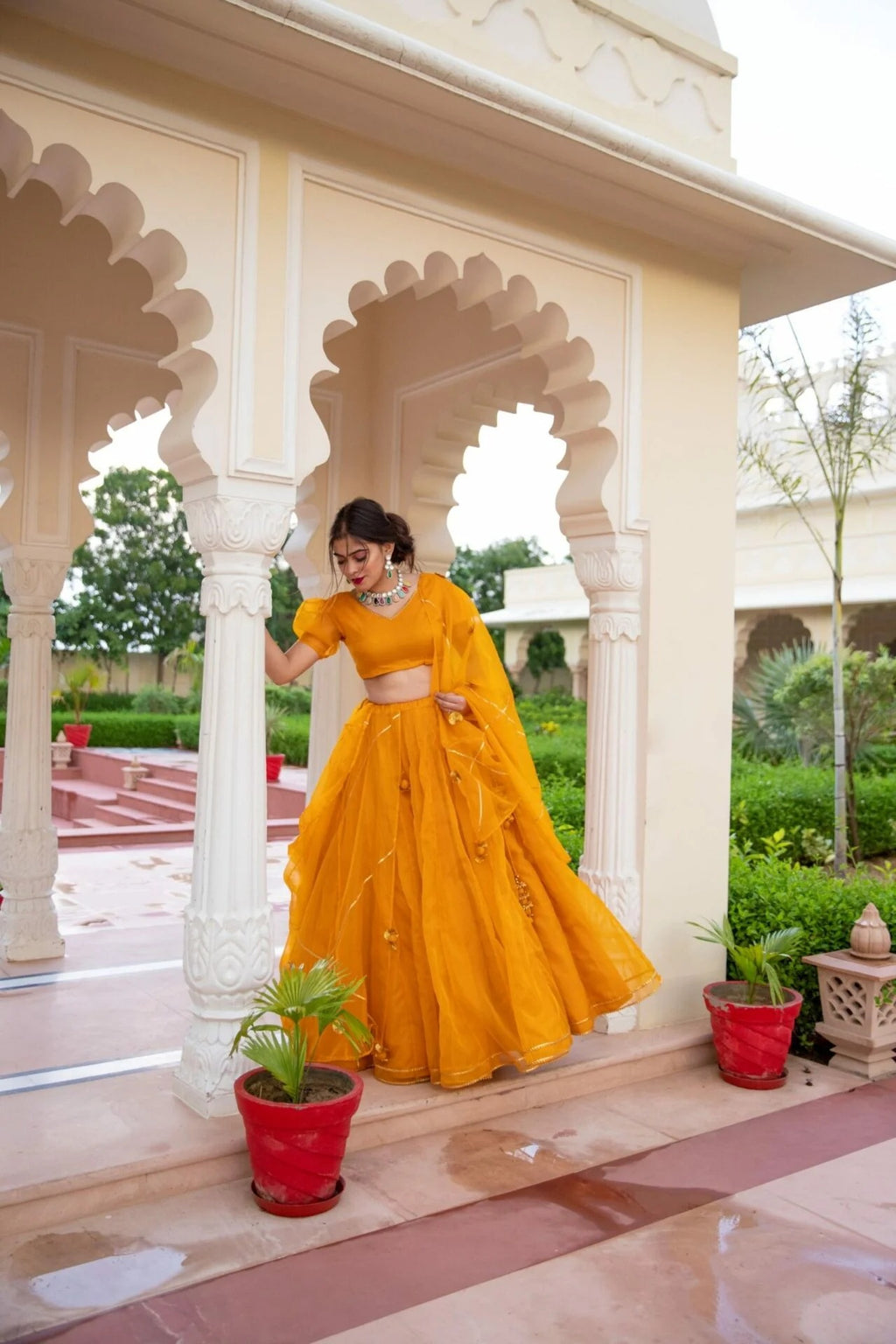 Yellow Organza Puff Sleeves Lehenga & Blouse With Dupatta