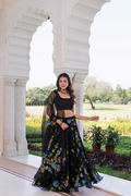 Black Hand-Painted Chiffon Lehenga With Mukaish Work & Hand Painted Organza Dupatta