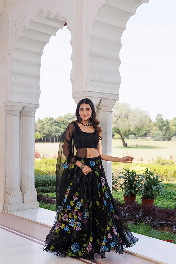 Black Hand-Painted Chiffon Lehenga With Mukaish Work & Hand Painted Organza Dupatta