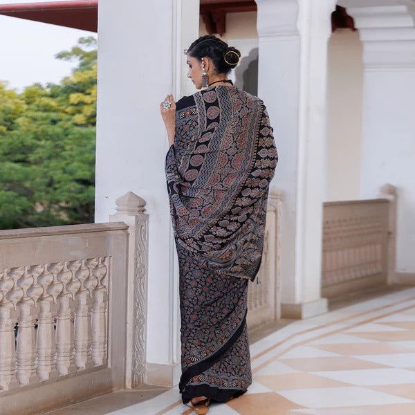 Black Hand Block Printed Silk Ajrakh Saree