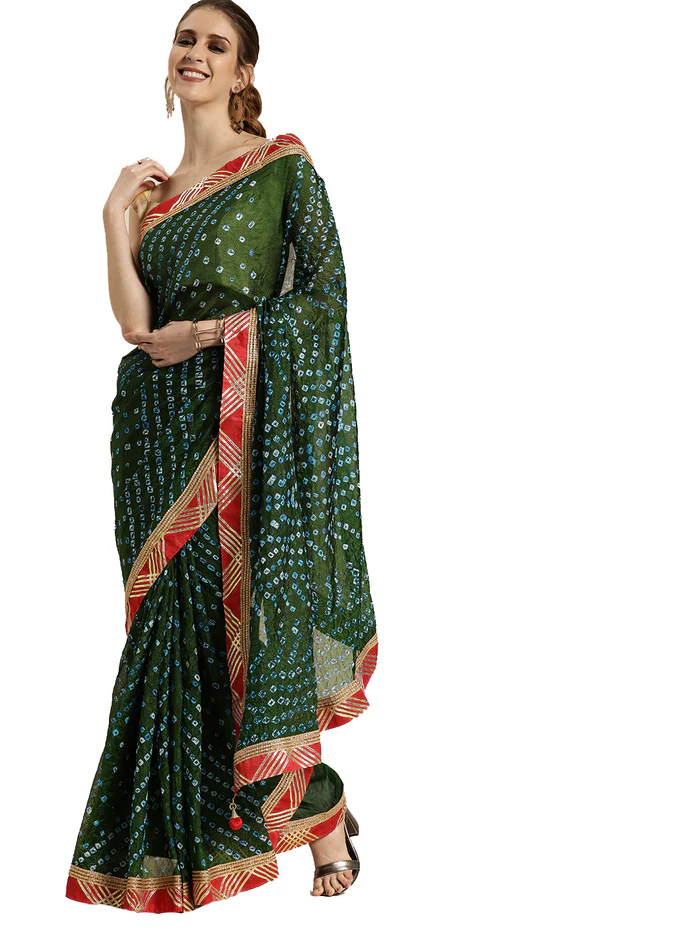 Green Handcrafted Bandhani Art Silk Saree