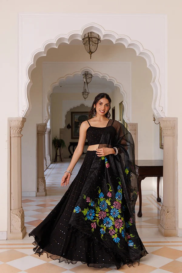 Black Chiffon Lehenga With Mukaish Work & Hand Painted Organza Dupatta